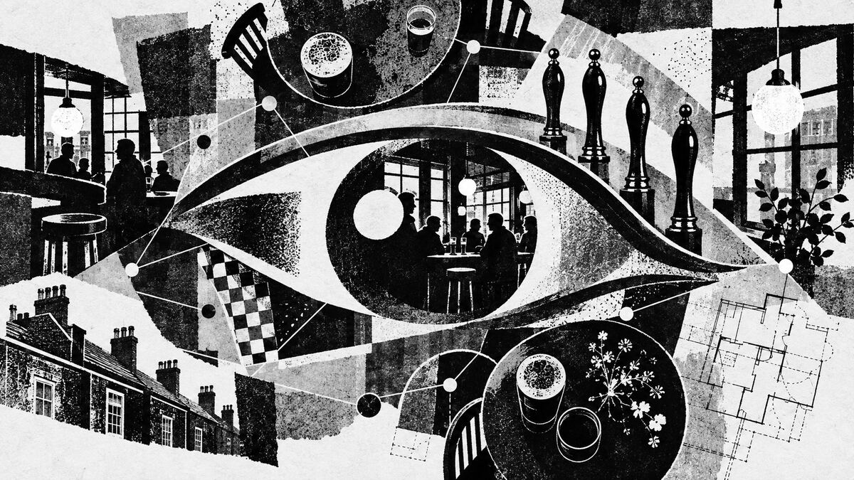 An abstract eye formed from pub interiors, hand pumps and connected signals